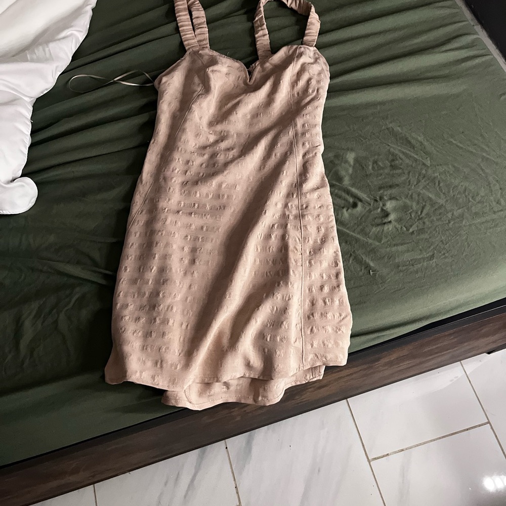 Textured Cream Mini Dress with Ruched Straps